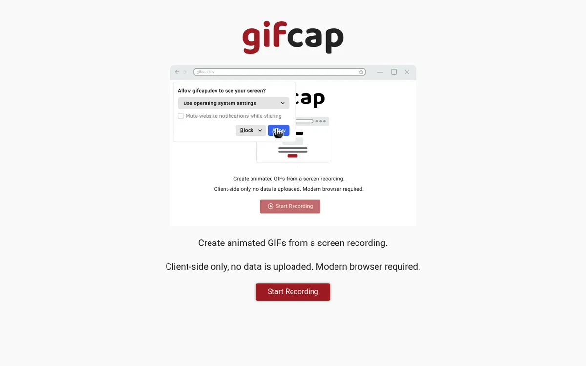 Gifcap homepage, a free browser based GIF screen recorder
