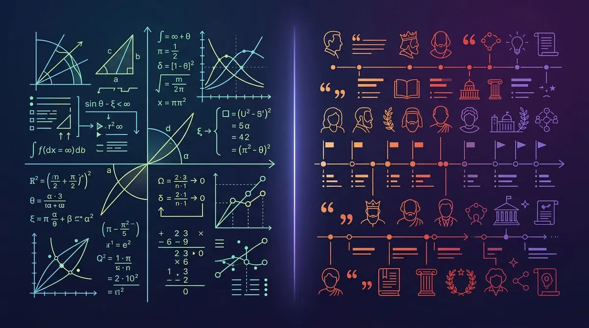 Study guide examples for STEM with formulas and graphs next to humanities with a timeline and quotes
