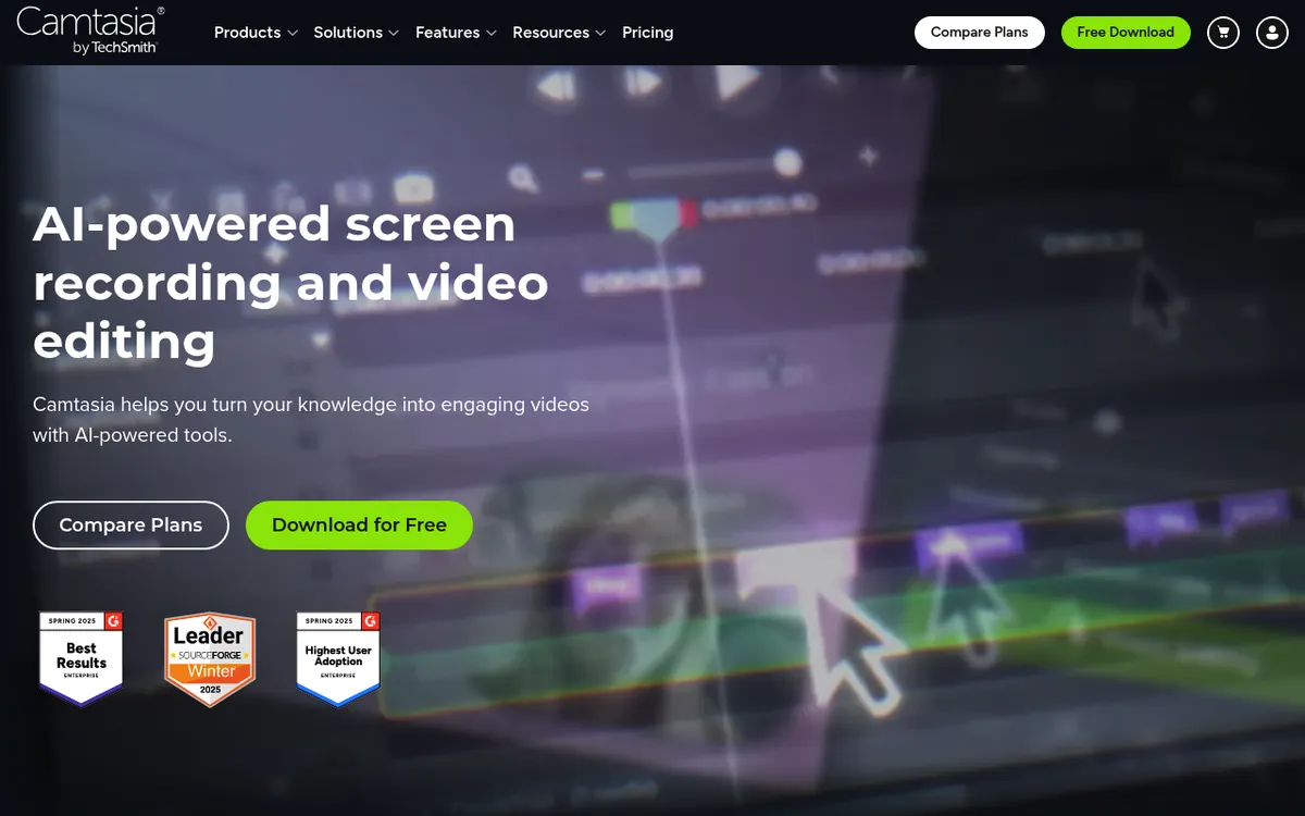 Camtasia page on the TechSmith site, screen recording and video editing software