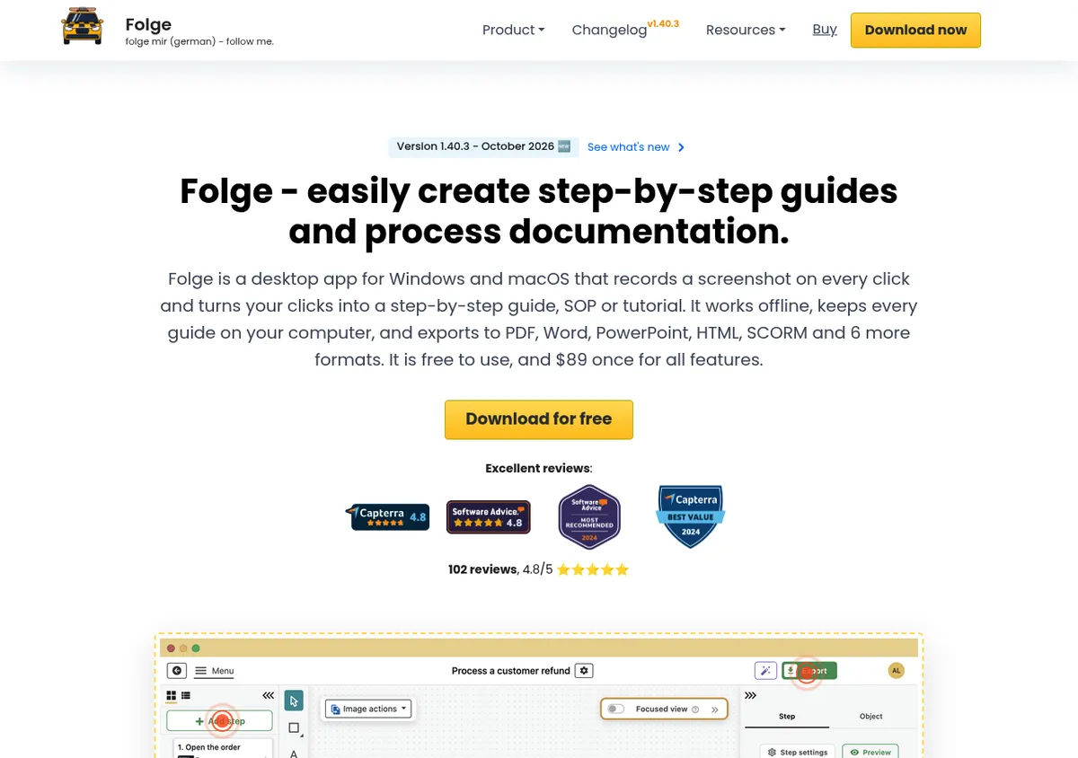 Folge homepage, one of the Scribe alternatives, a Windows and macOS app that turns clicks into step by step guides