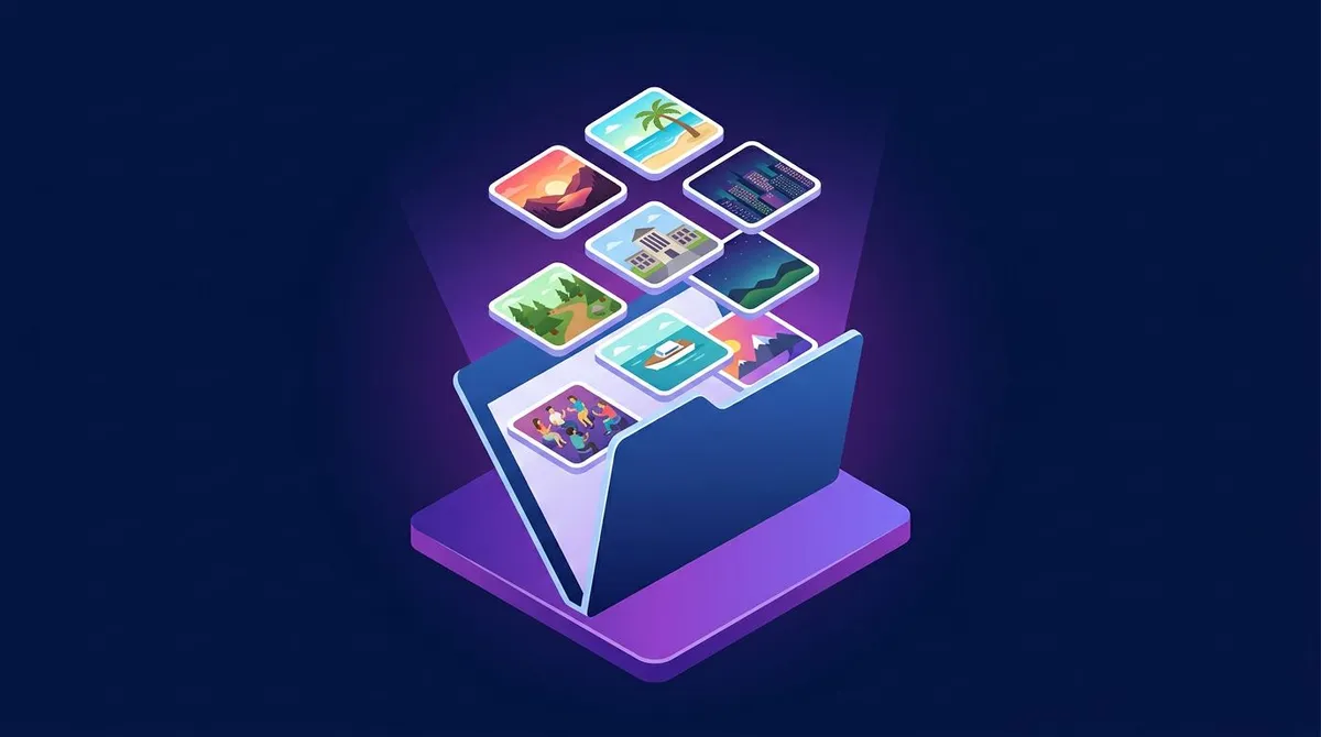 Illustration eines Ordners, der sich öffnet und gespeicherte Screenshot-Dateien zeigt