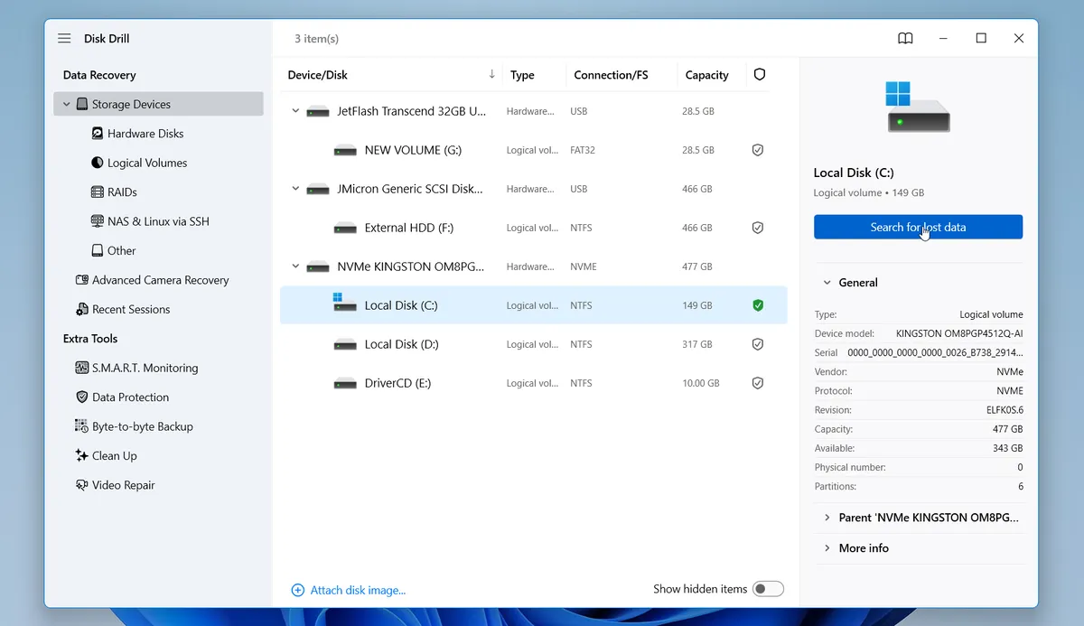 Disk Drill on Windows with Local Disk C selected and the Search for lost data button