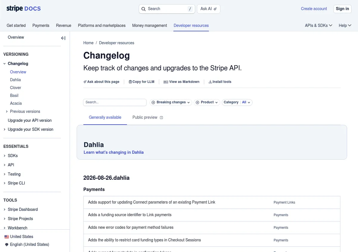 Stripe API Changelog mit Suche und Filtern für Breaking changes, Product und Category über dem Release 2026-08-26.dahlia