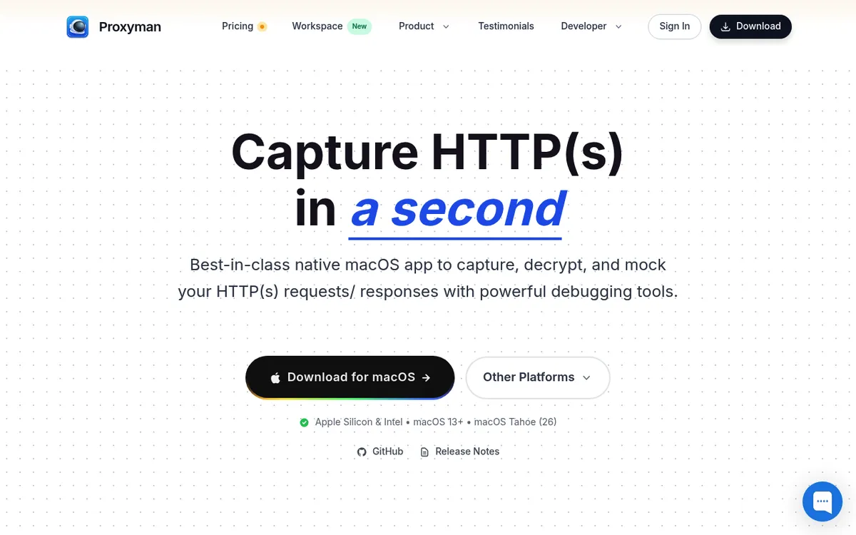 The Proxyman homepage, a network debugging proxy for Mac