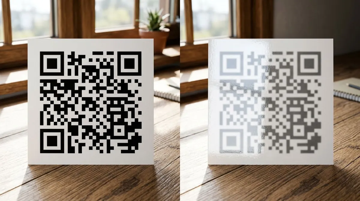 Two printed codes side by side, one sharp and one washed out by glare