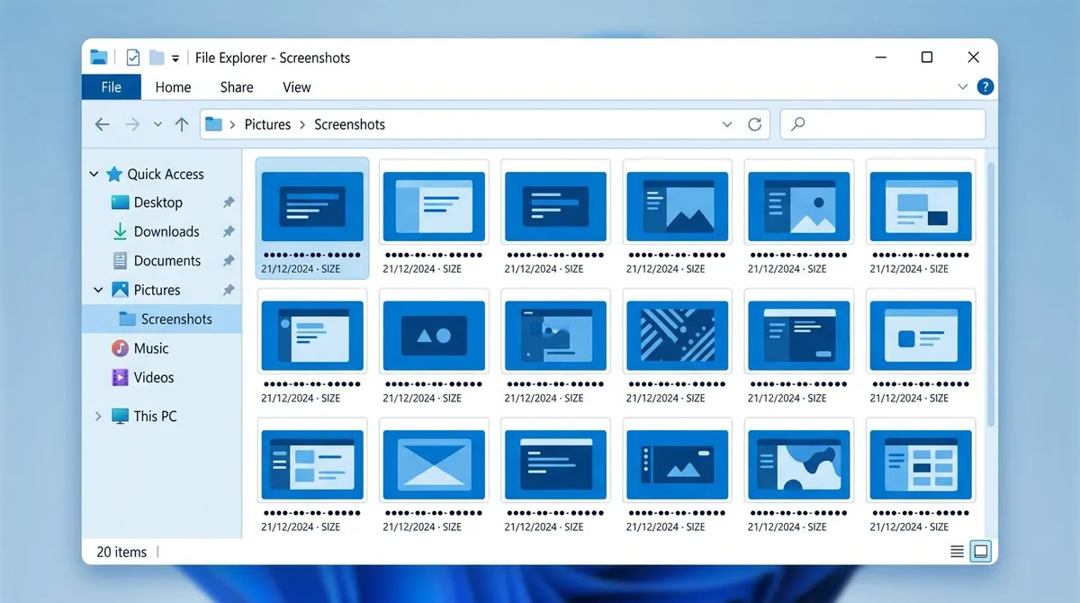 Windows File Explorer open to the Pictures Screenshots folder showing saved HP laptop captures