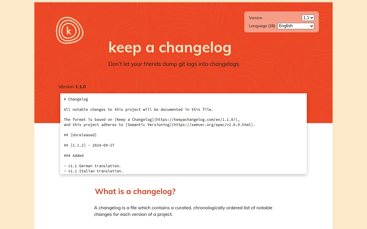 Keep a Changelog 1.1.0: Spezifikationsseite mit Beispiel-CHANGELOG.md und den Abschnitten Unreleased und Added