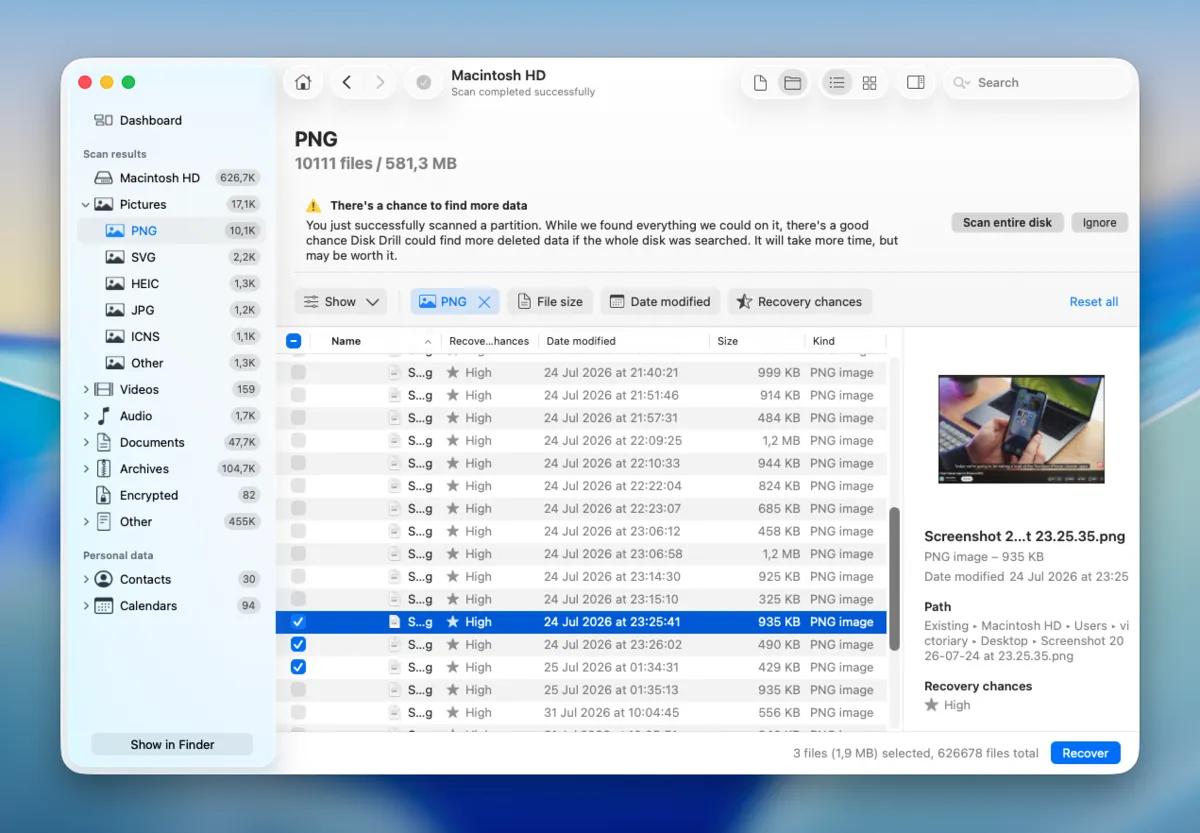 Recoverable PNG screenshots with preview and recovery chances in Disk Drill for Mac