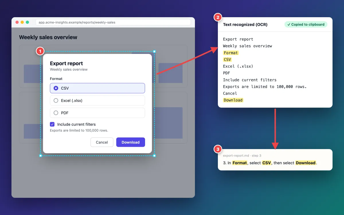 Step 3 labels Format, CSV and Download copied from the Export dialog with OCR