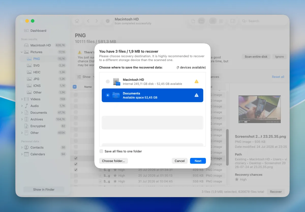 Disk Drill for Mac recovery destination dialog choosing where to save recovered screenshots