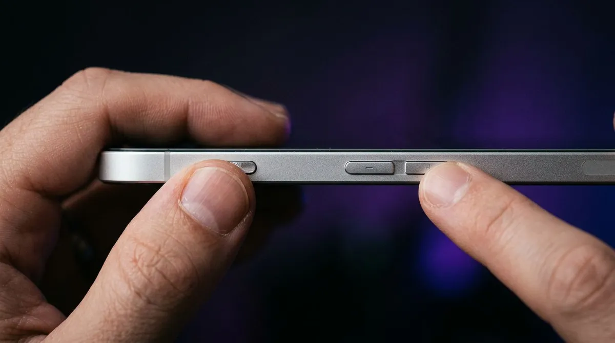 Close-up of a thumb pressing the power button and volume rocker on the top edge of a Surface tablet