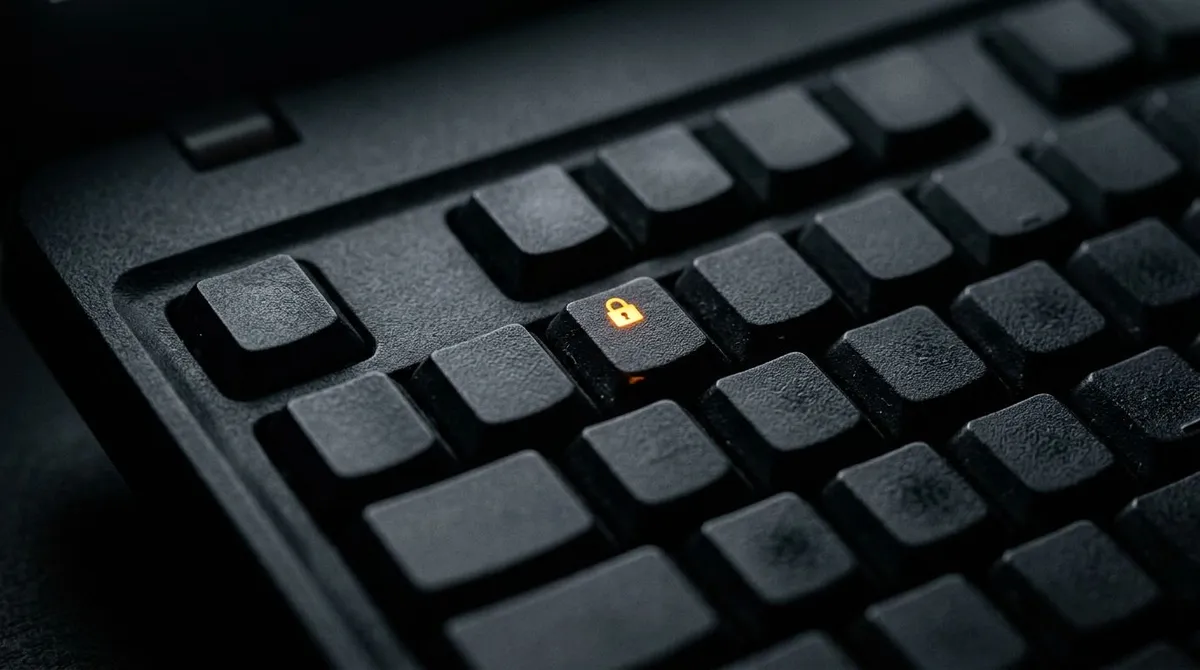 Nahaufnahme der oberen Tastenreihe eines Laptops mit kleiner leuchtender Schloss-Anzeige auf einer Taste