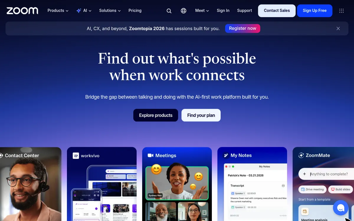 Startseite von Zoom, der Plattform Zoom Workplace für Videomeetings, Vorlesungsaufnahmen und KI-Notizen