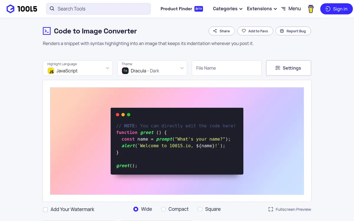10015.io Code to Image Converter, a free browser tool that turns code snippets into syntax highlighted images