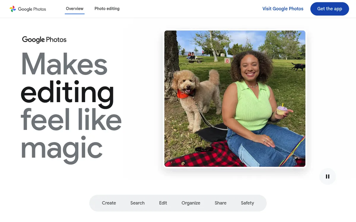 Google Photos about page with the headline Makes editing feel like magic, a free photo app with basic markup tools