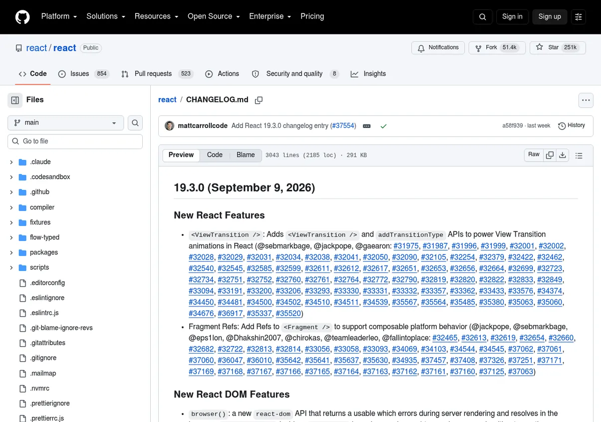 CHANGELOG.md von React auf GitHub mit Version 19.3.0 und Einträgen unter New React Features, die Dutzende Pull Requests verlinken