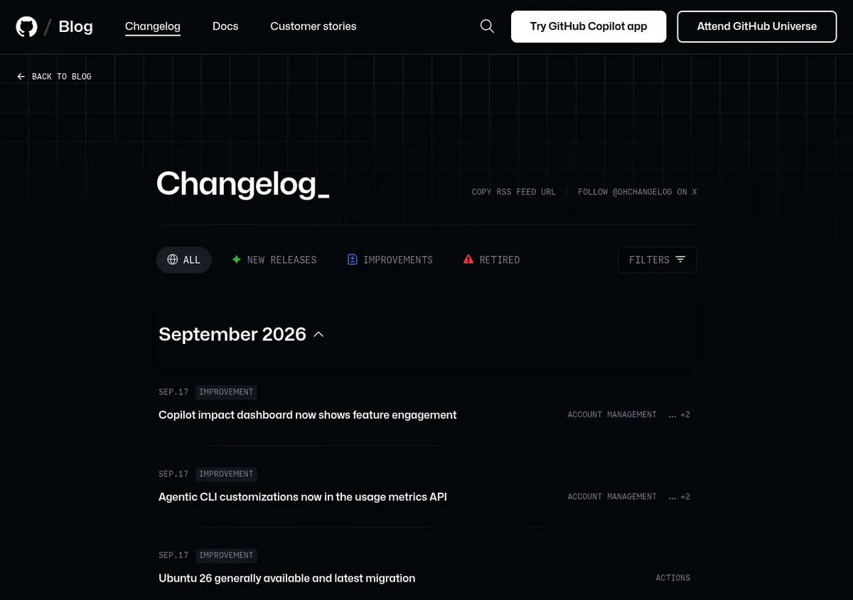 GitHub Changelog mit den Filtern All, New Releases, Improvements und Retired und Einträgen aus September 2026