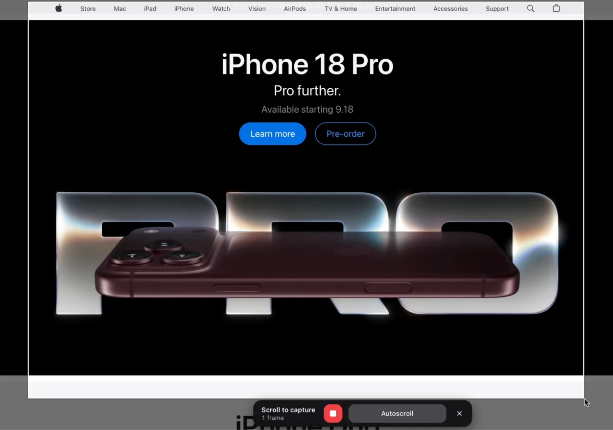 SlimSnap scrolling capture on a Mac, with the Scroll to capture bar and Autoscroll button