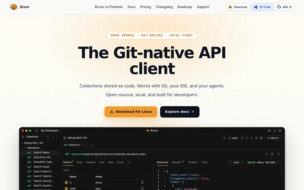 The Bruno API client homepage, an offline alternative for testing requests