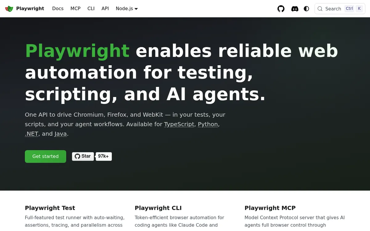 Playwright homepage, the Microsoft open source framework for browser testing, scripting and AI agents