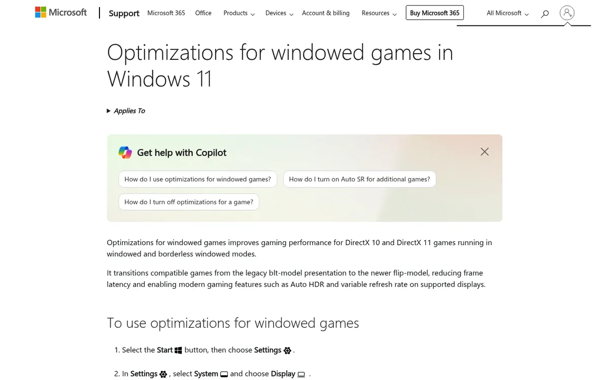 Microsoft-Support-Seite zu Optimierungen für Spiele im Fenstermodus unter Windows 11 mit Hinweis auf randlose Fenster