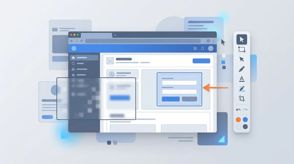 Screenshot annotation workflow with an arrow, a highlight box, and a blurred region