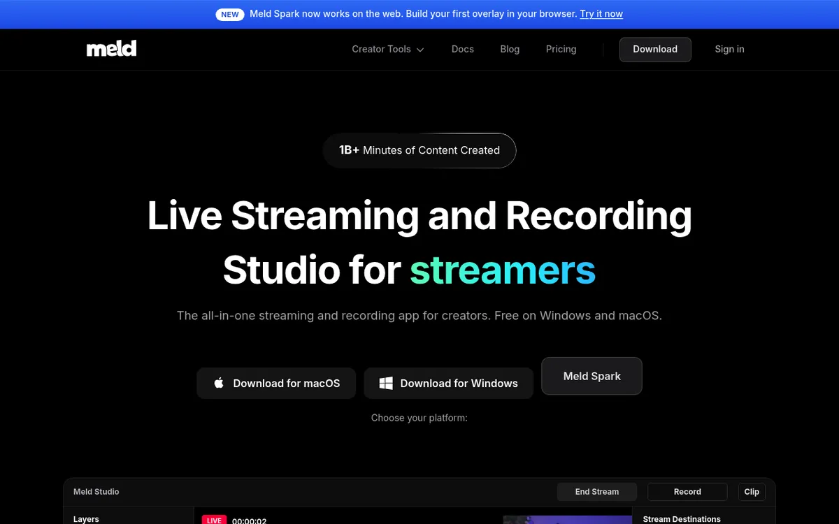 Meld Studio homepage, free live streaming and recording studio for Windows and macOS