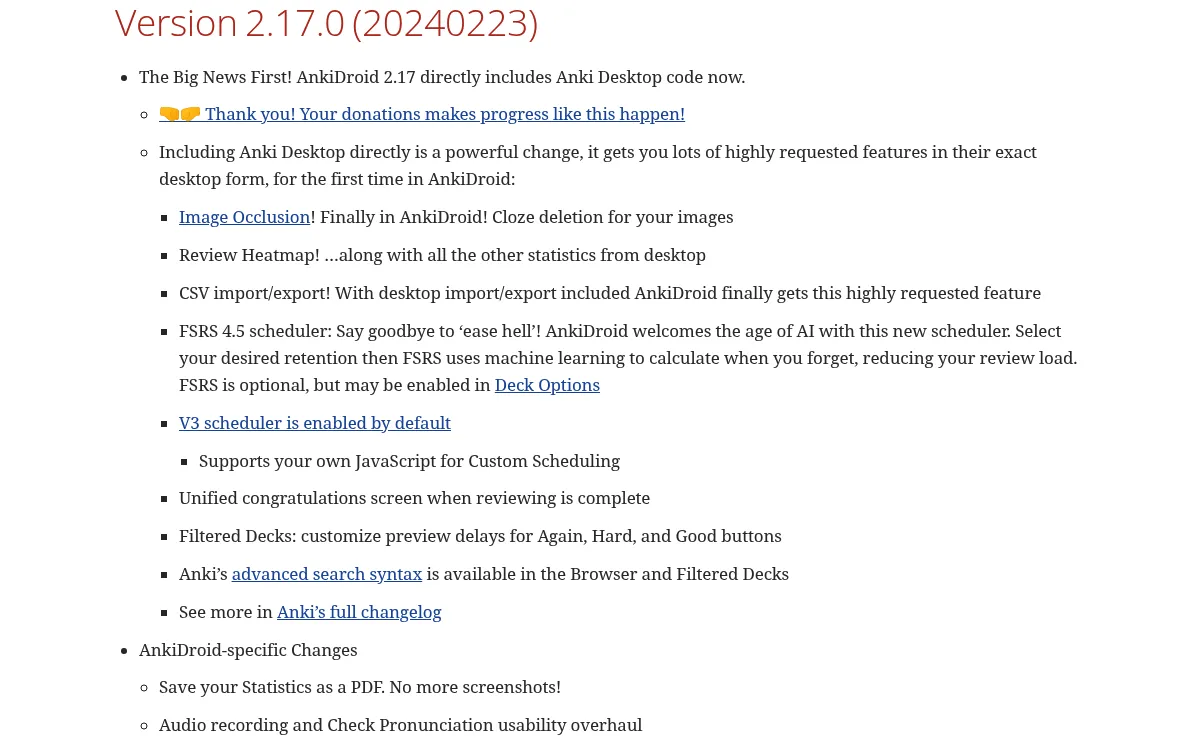 AnkiDroid changelog for version 2.17.0 (20240223) listing Image Occlusion, cloze deletion for your images, as a new feature