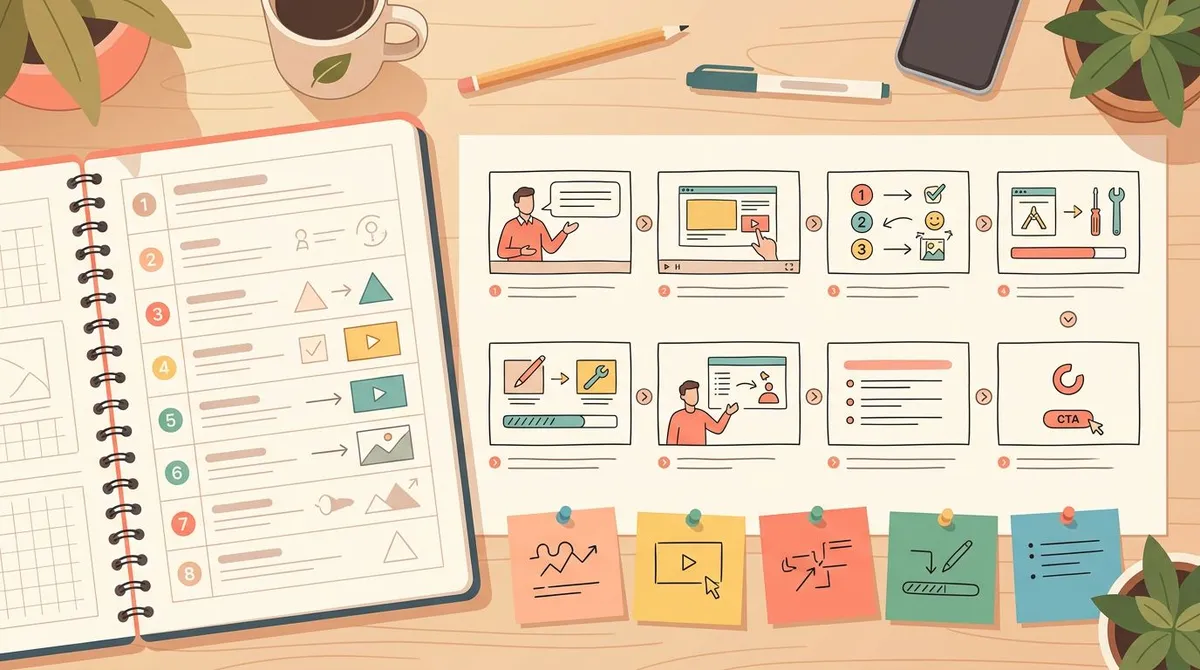 Notizbuch mit einem Tutorial-Video-Entwurf, Storyboard-Skizzen und Haftnotizen