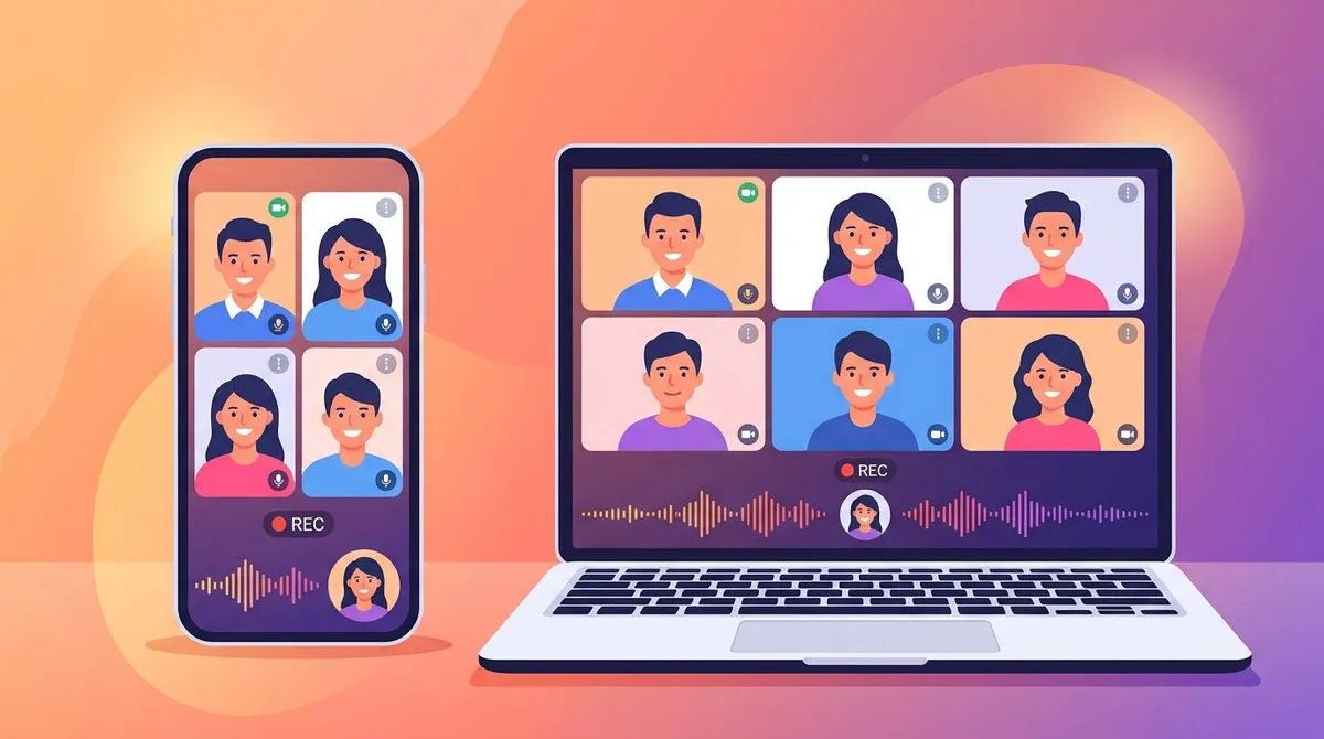 A phone and a laptop side by side, both recording a video call