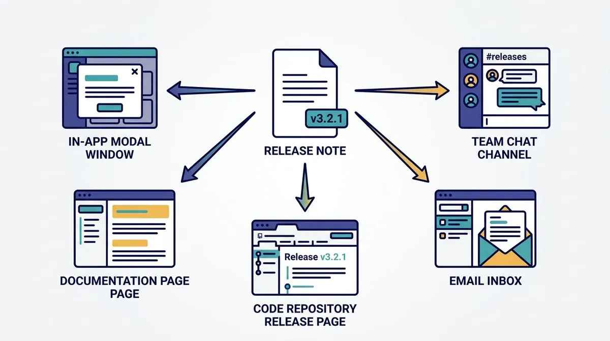 Eine Release Notes Vorlage an fünf Kanäle verteilt: In-App-Fenster, Doku-Seite, Repo-Release, E-Mail, Team-Chat
