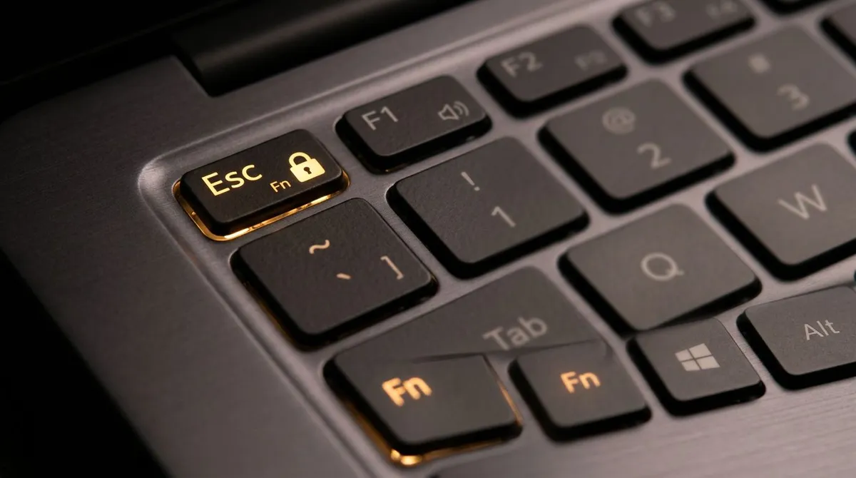 Dell laptop keyboard close-up with the Esc key showing the Fn Lock padlock icon and the Fn keys glowing
