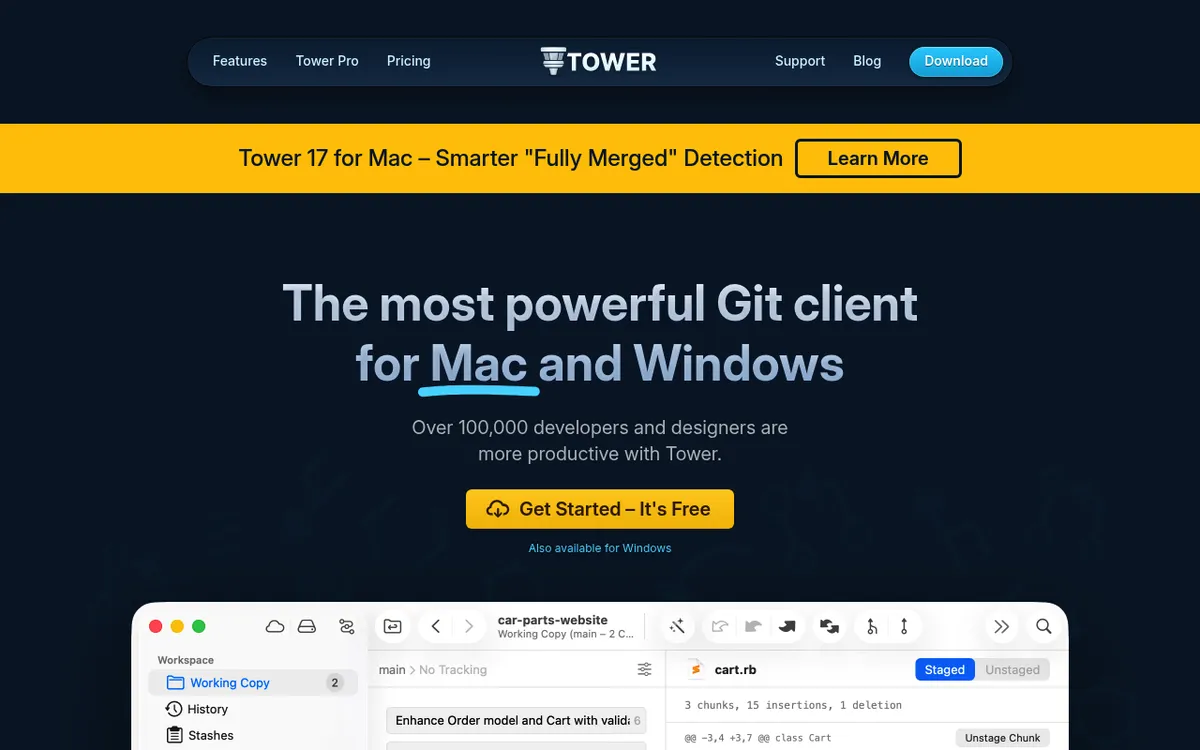 The Tower Git client homepage showing its visual commit history