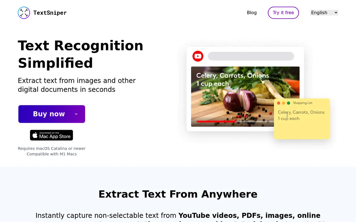 TextSniper homepage, a Mac OCR app that copies text from any part of the screen