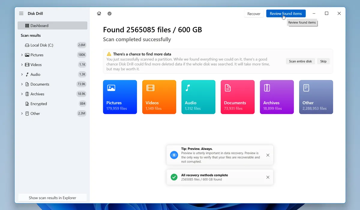 Disk Drill scan results on Windows showing found files and the Review found items button