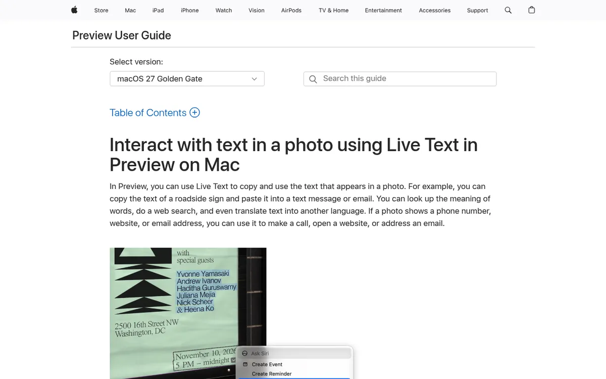 Apple Support guide for Live Text in Preview on Mac, with text selected in a photo of a poster