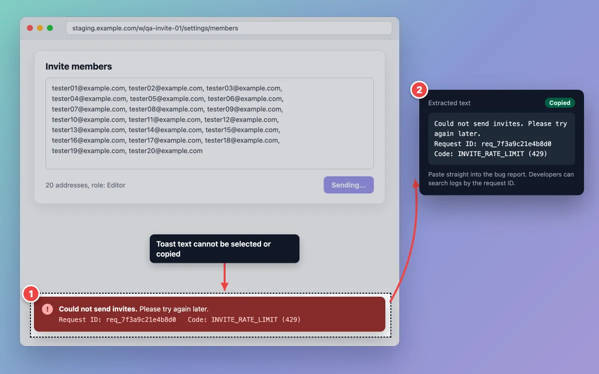 OCR copying a request ID and error code from an unselectable error toast
