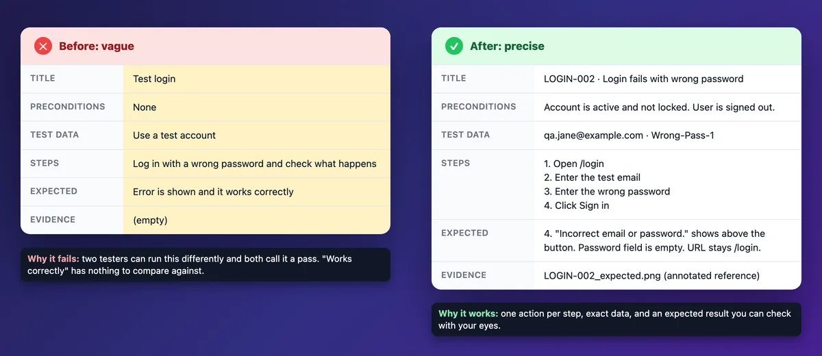 Vague test case next to a precise test case example with steps and expected result