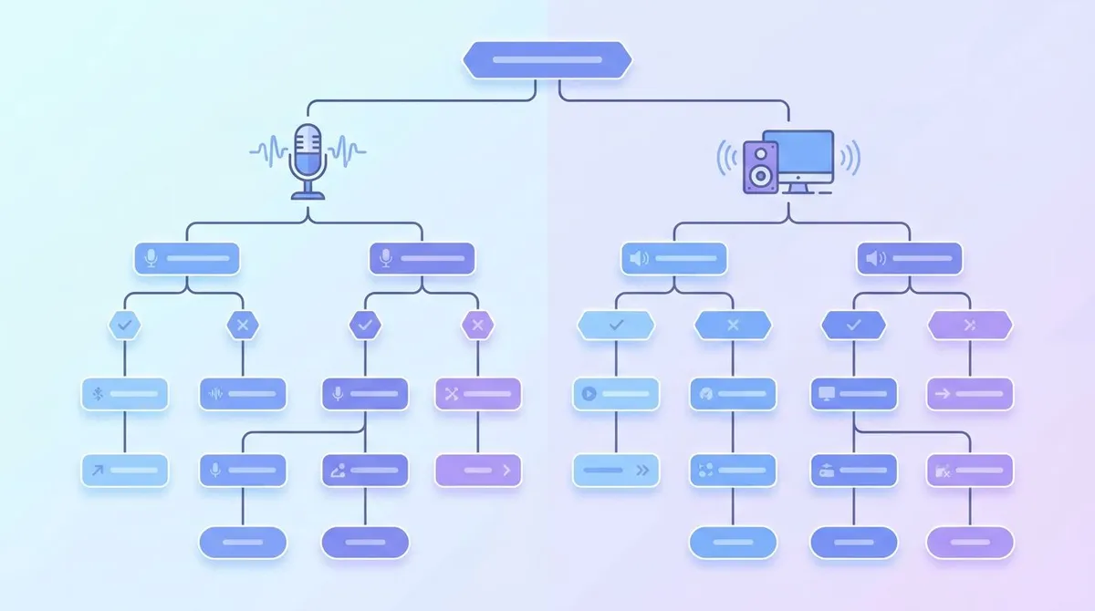 Decision tree for diagnosing a screen recording no sound issue, comparing microphone audio versus system audio paths