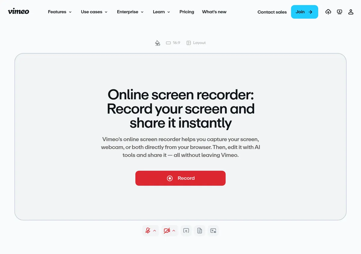 Vimeo online screen recorder page with the Record button and mic, camera and screen share controls