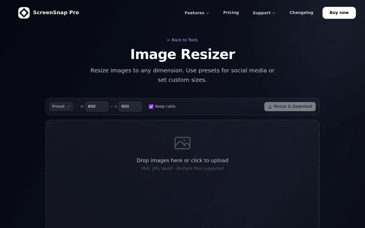 ScreenSnap Pro Image Resizer, a free browser tool with size presets, custom width and height, and a keep ratio option