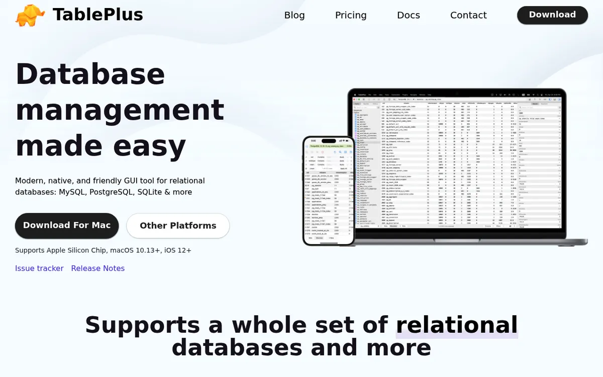 The TablePlus database client homepage