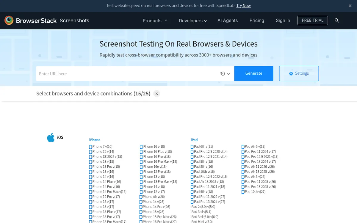 BrowserStack Screenshots page, a cross browser screenshot testing tool for real browsers and devices