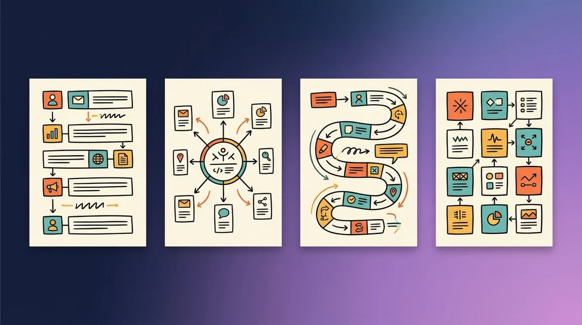 Four sketchnote layouts compared: linear rows, radial hub, winding path and modular grid