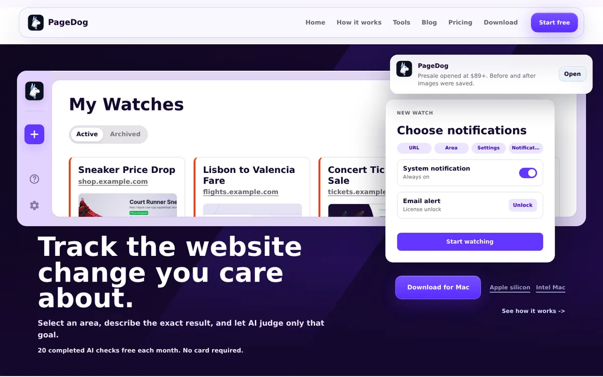 The PageDog website change monitoring app for Mac