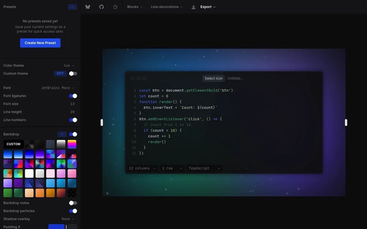 Chalk.ist code image editor with a settings sidebar and a code block on a gradient backdrop