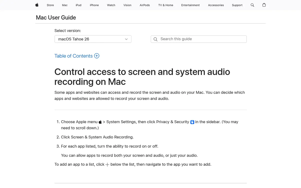 Apple Mac User Guide zur Bildschirmaufnahme mit den Schritten in Systemeinstellungen, Datenschutz und Sicherheit