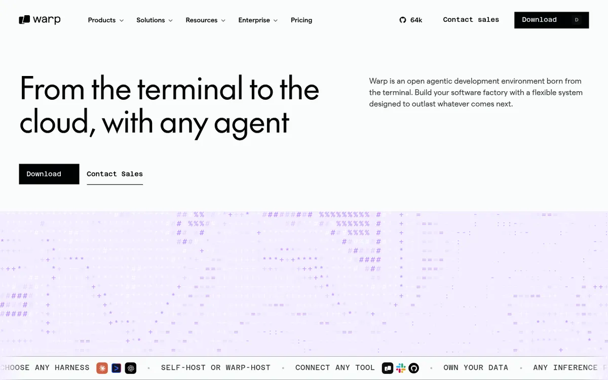 The Warp terminal homepage on macOS