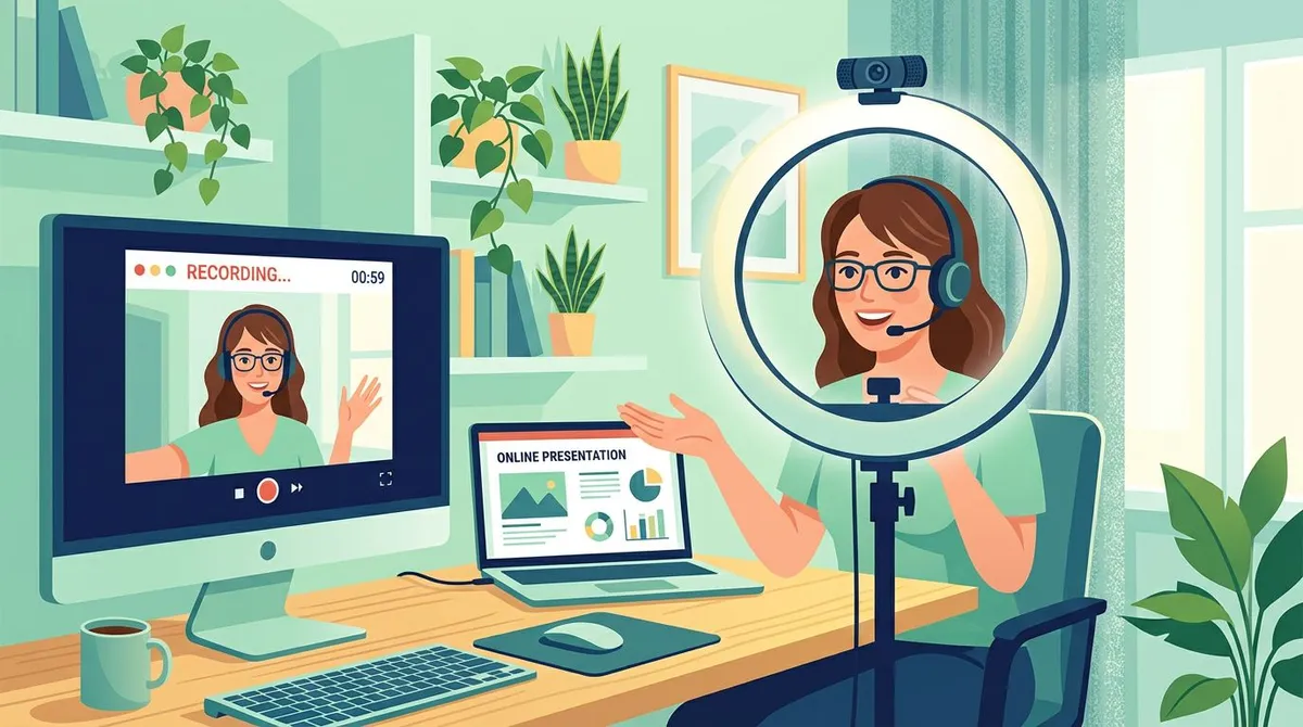 Creator framing themselves on webcam with a ring light and laptop slides