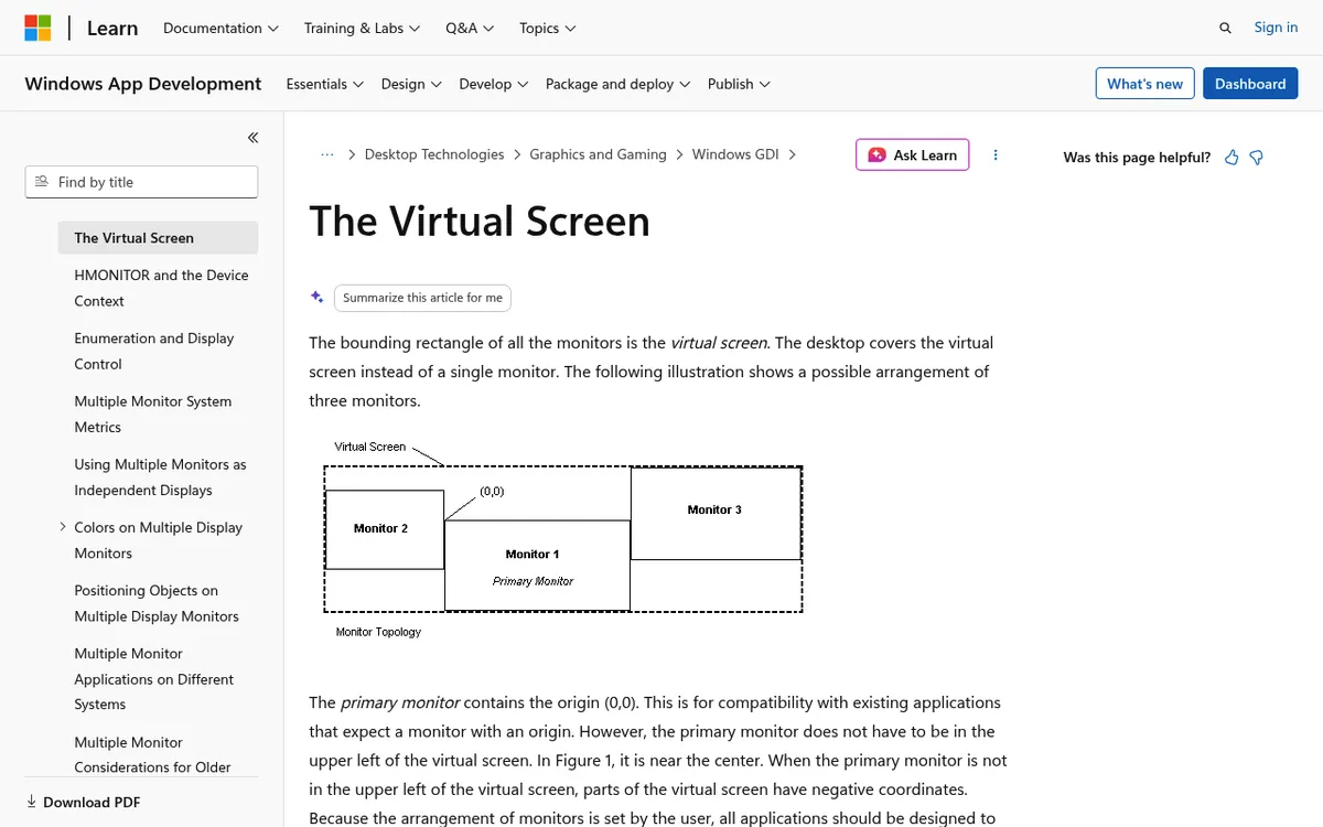 Microsoft Learn page The Virtual Screen with its bounding rectangle diagram for three arranged monitors
